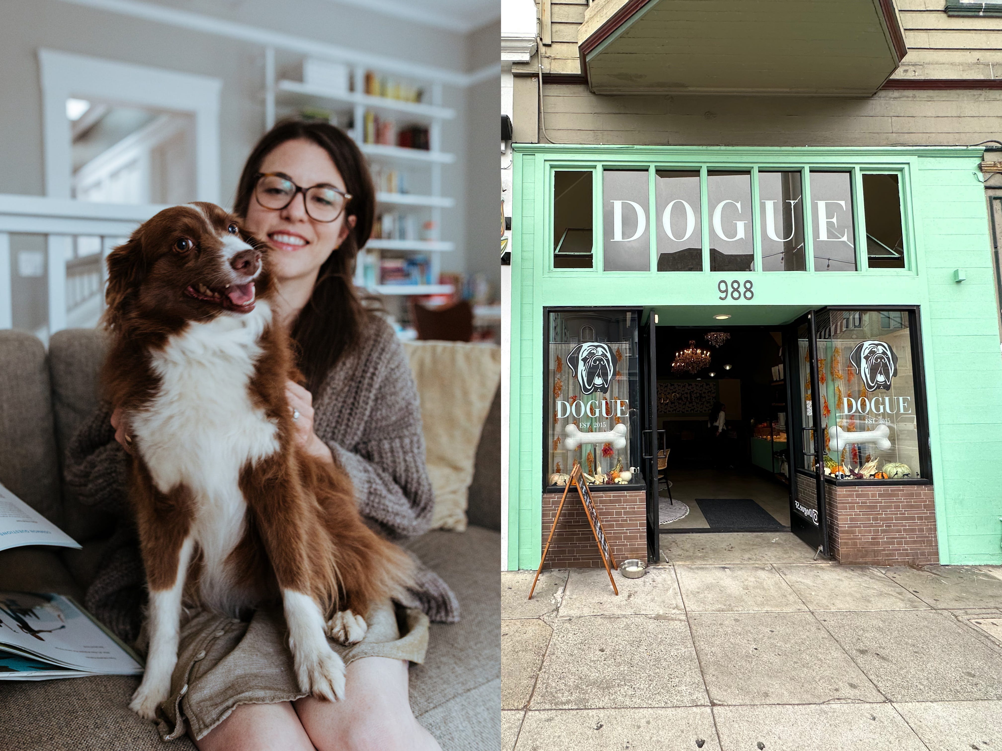 Kristen Hawley and dog Heidi in a portrait with a split screen image of the Dogue store front.